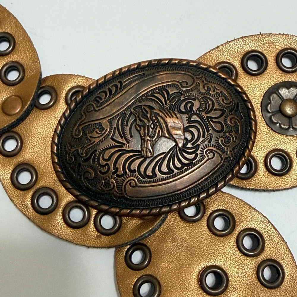 Western Concho Belt Horse Buckle Bronze Gold Grommet Boho Cowgirl Statement